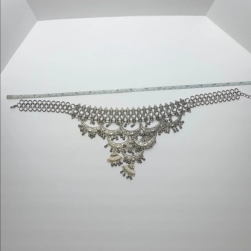 Silver Tone Statement Necklace with rhinestones and dangling beads - Picture 10 of 11